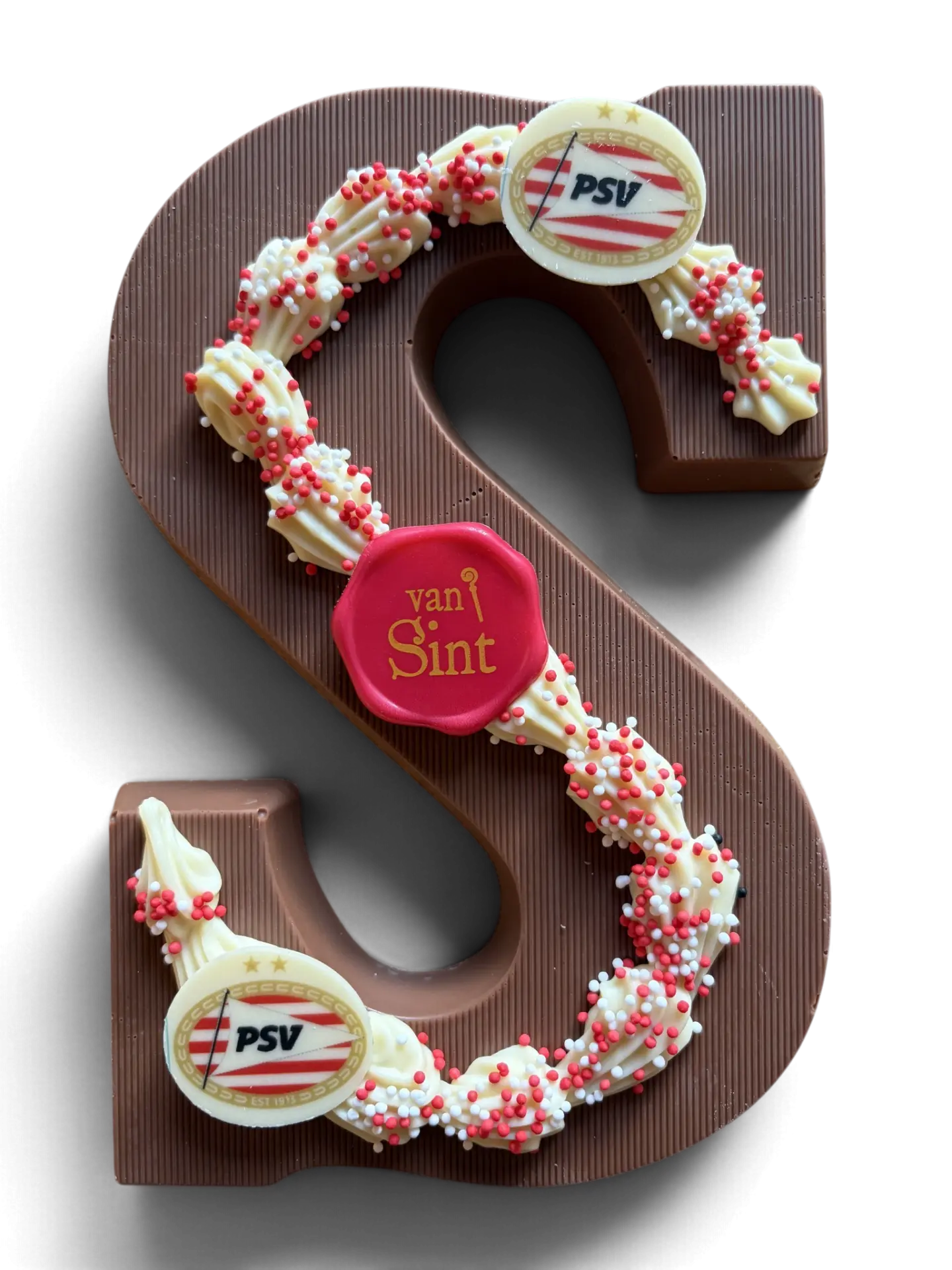 Chocoladeletter S, melk, Clublogo, rood-witte spikkels & zegel