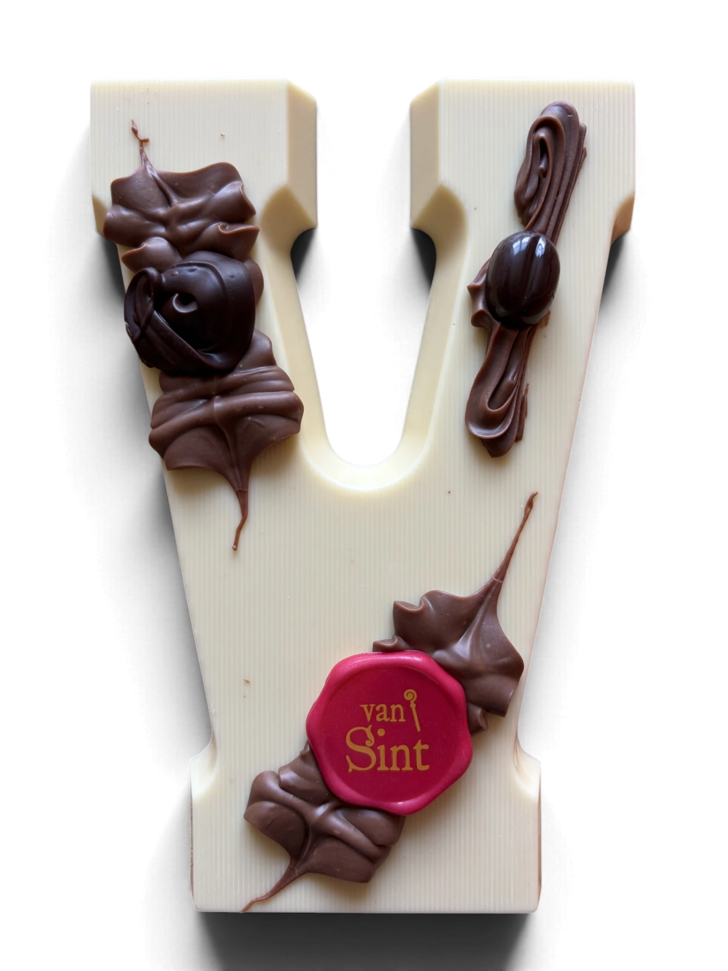 Chocoladeletter V, wit, Van Sint-zegel
