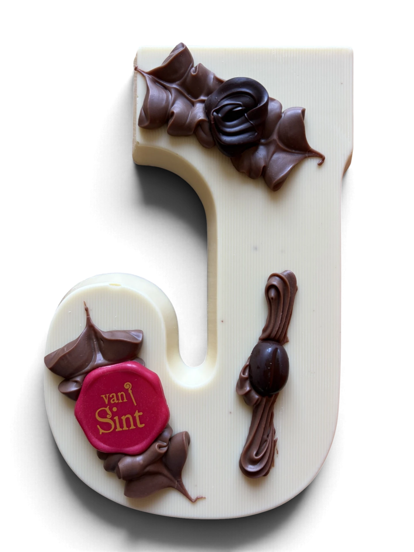 Chocoladeletter J, wit, Van Sint-zegel