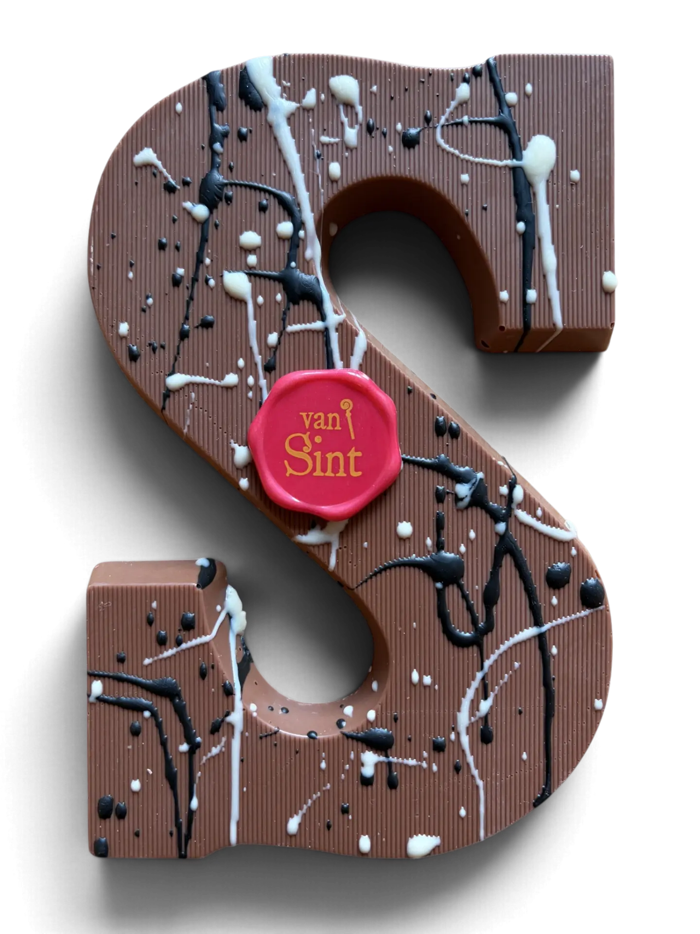 Chocoladeletter S, melk, Pure en witte chocoladespetters & zegel