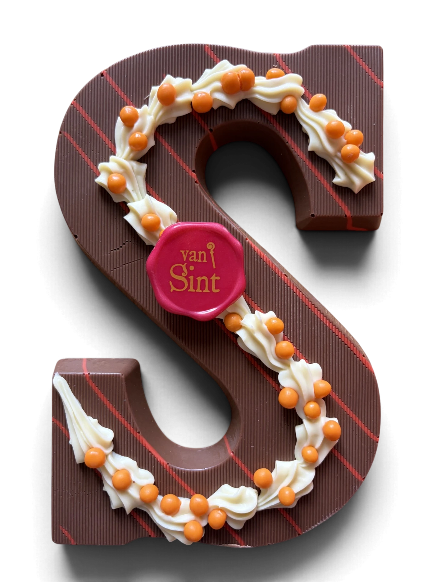 Chocoladeletter S, melk, Rode strepen, witte rozetten & oranje parels