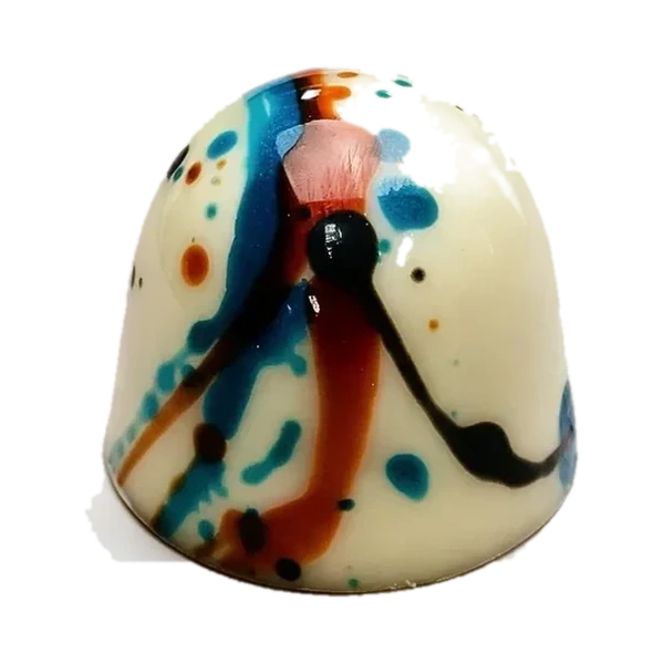 Caramel framboos: witte ronde bonbon met blauwe en rode chocoladestrepen