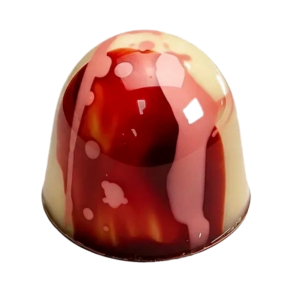 Cheesecake aardbei: witte ronde bonbon met rode chocoladeslierten