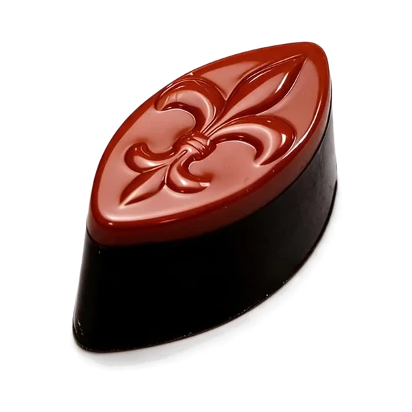 Orange Cointreau: ovale bonbon met rood reliëf op donkere chocolade