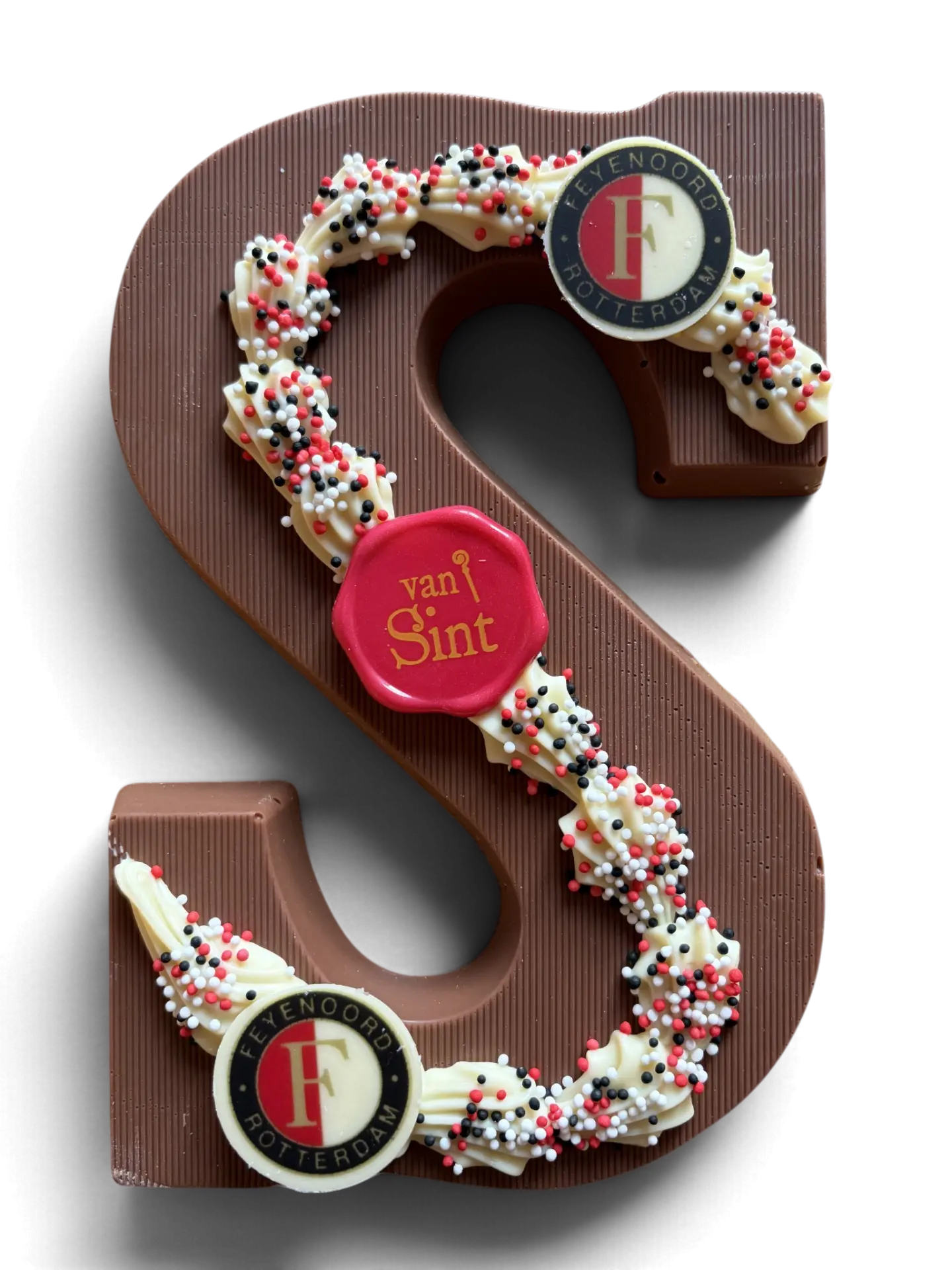 Chocoladeletter S, melk, Clublogo, rood-wit-zwarte spikkels & zegel