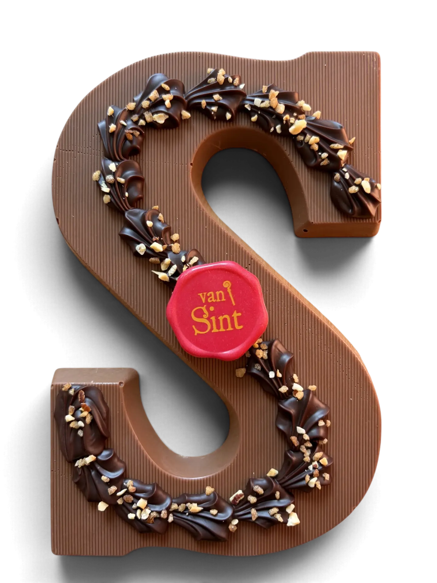 Chocoladeletter S, melk, Pure rozetten, nootjes & zegel