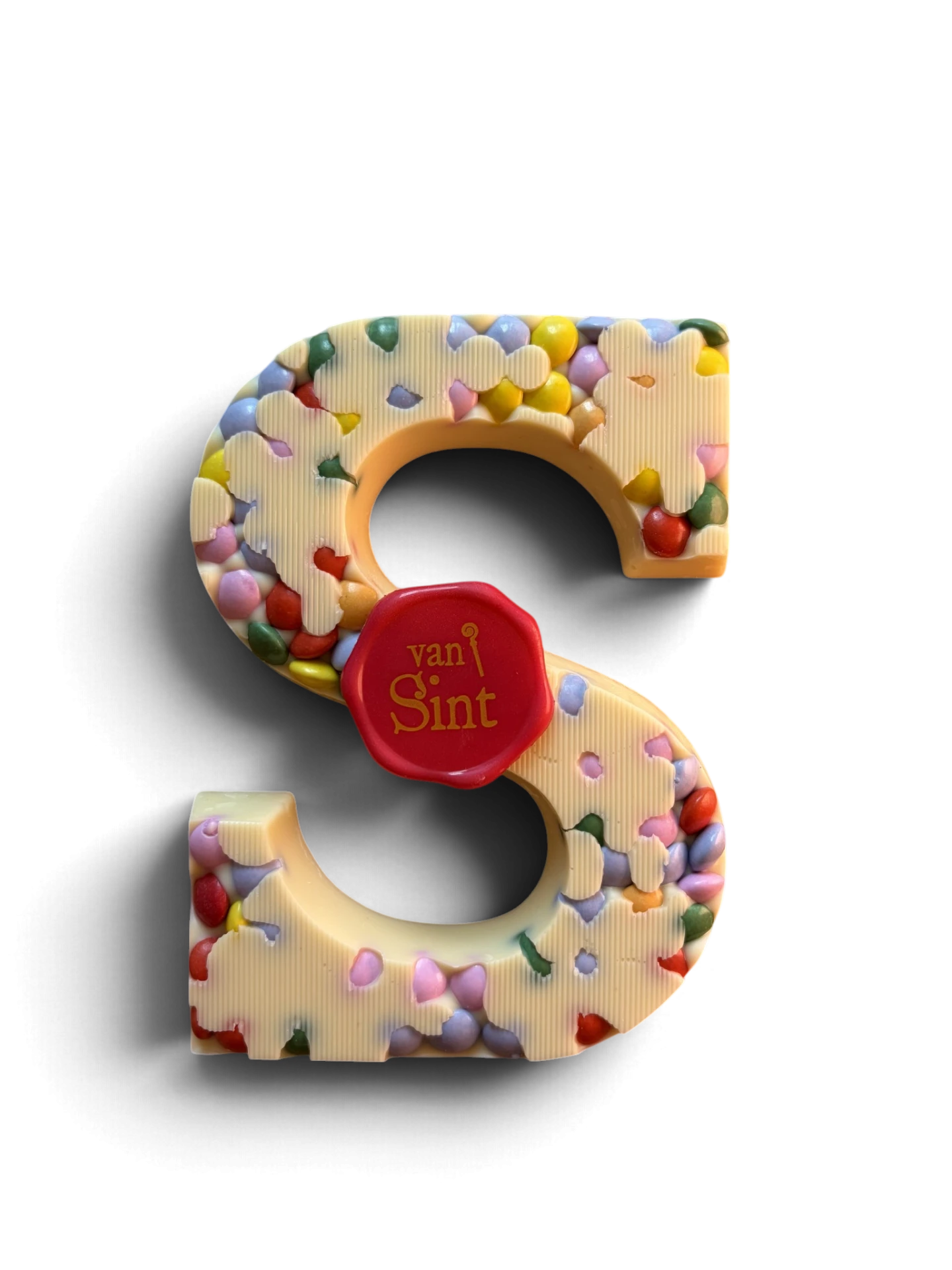 Chocoladeletter S, wit, Kleurrijke chocoladeknopen & zegel