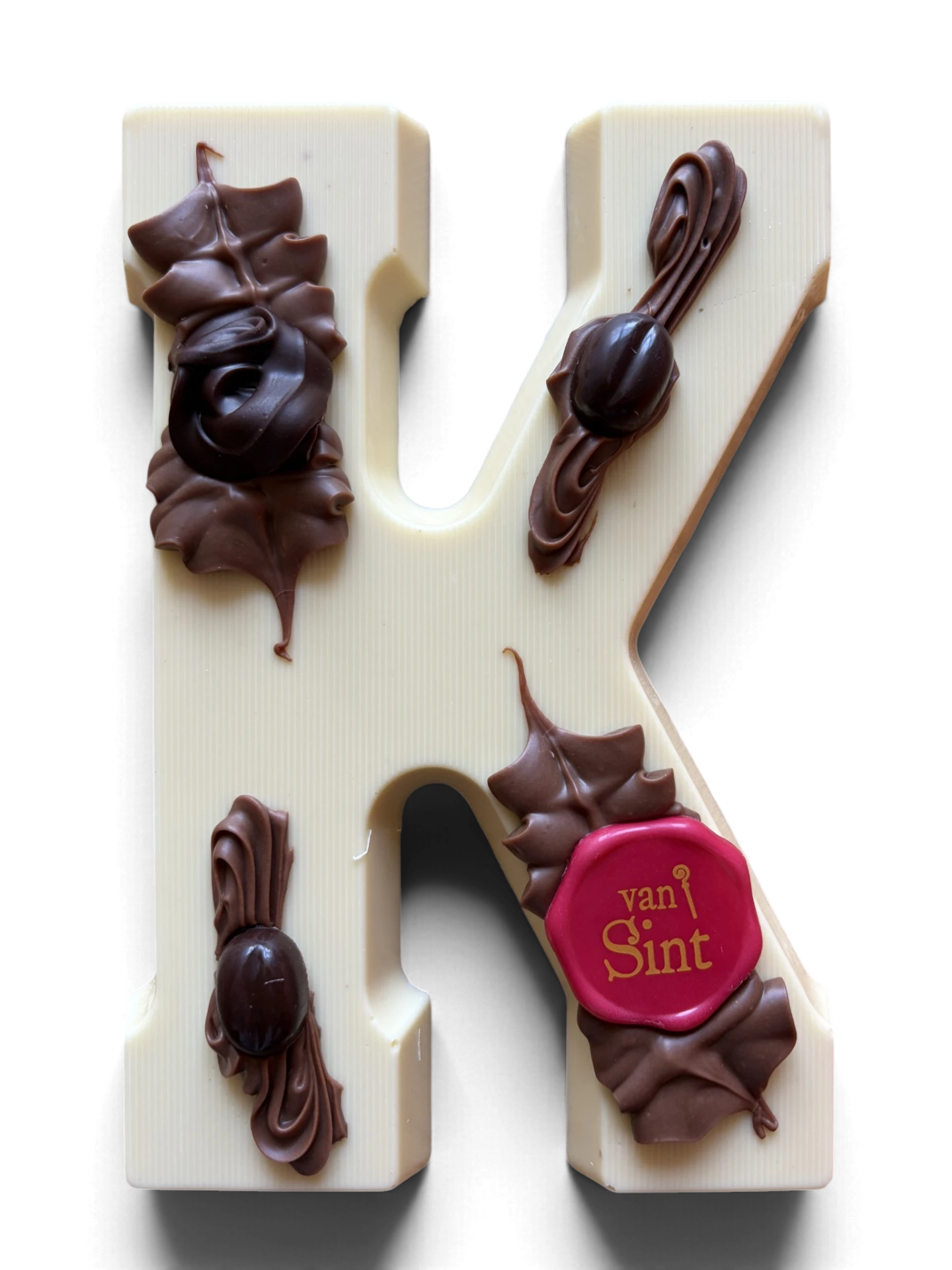Chocoladeletter K, wit, Van Sint-zegel