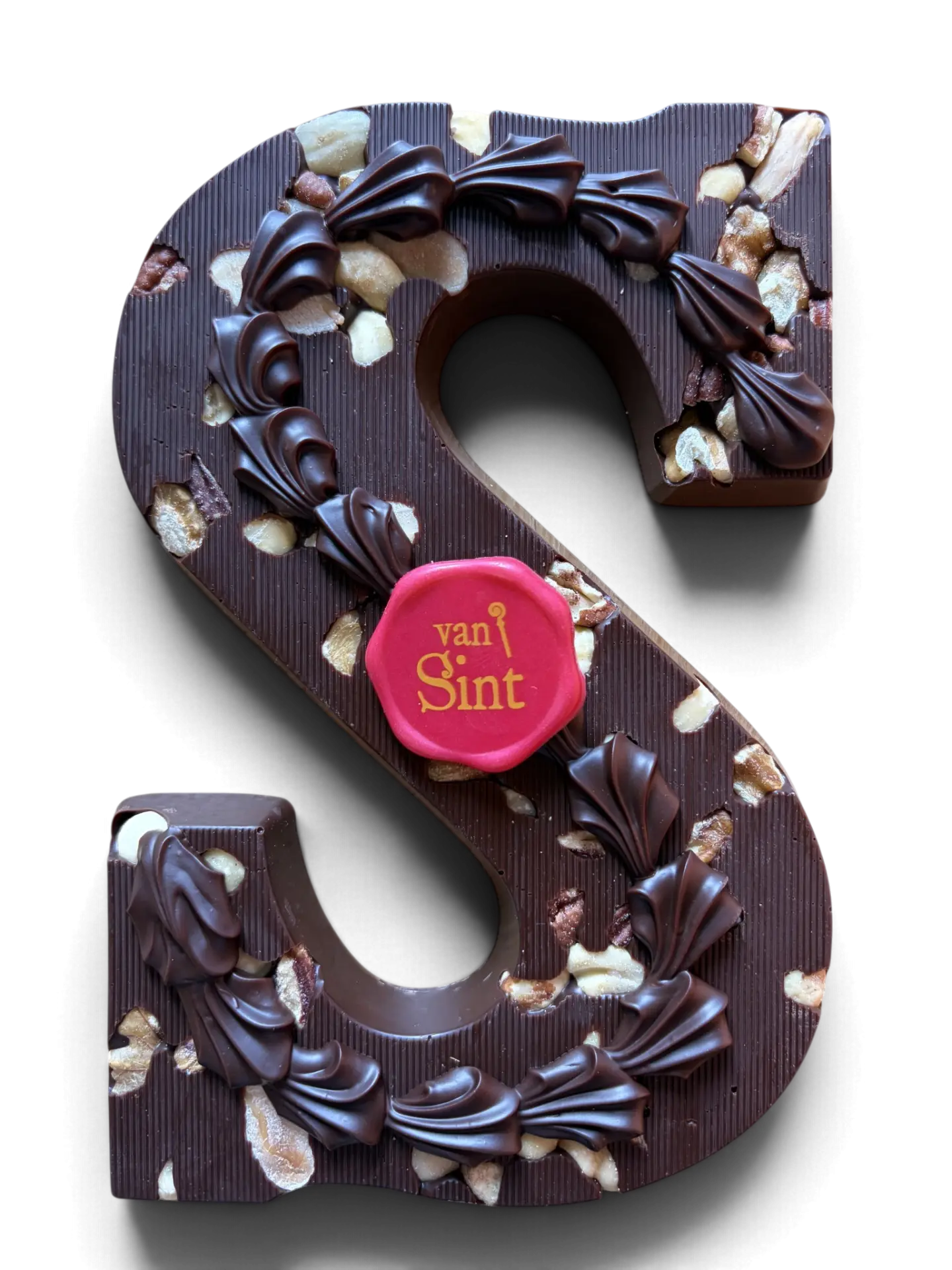 Chocoladeletter S, puur, Noten, pure rozetten & zegel