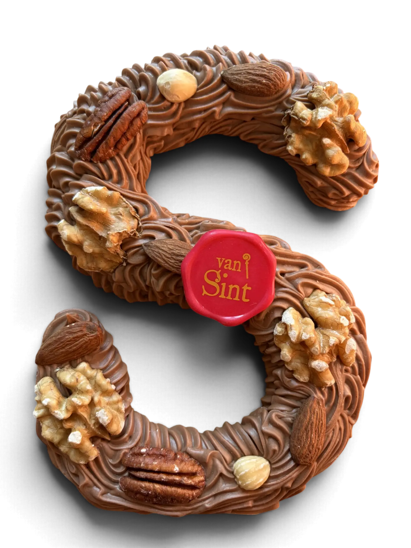 Chocoladeletter S, melk, Rijk gespoten met walnoot, pecan, amandel & hazelnoot