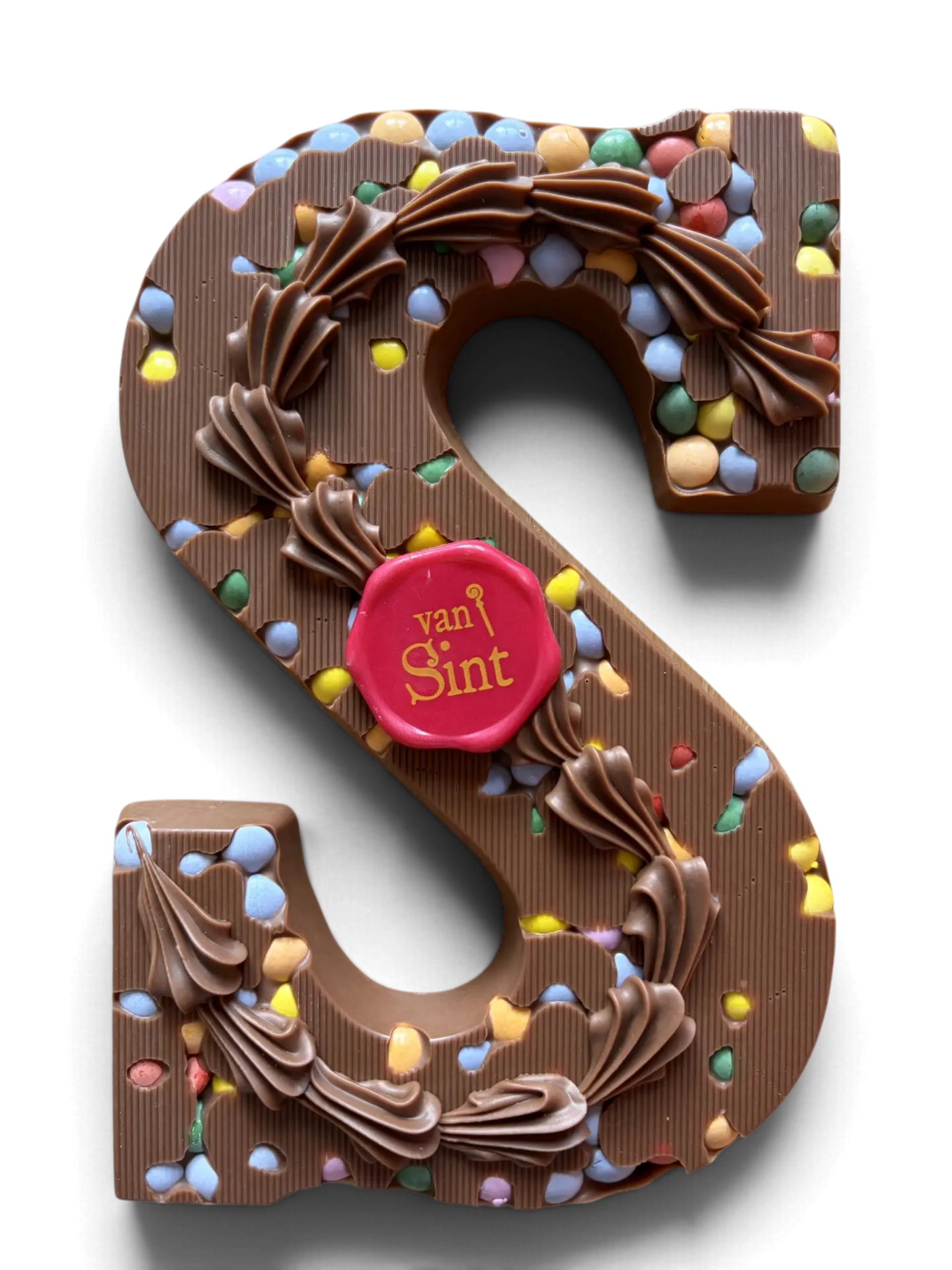 Chocoladeletter S, melk, Confetti, rozetten & zegel