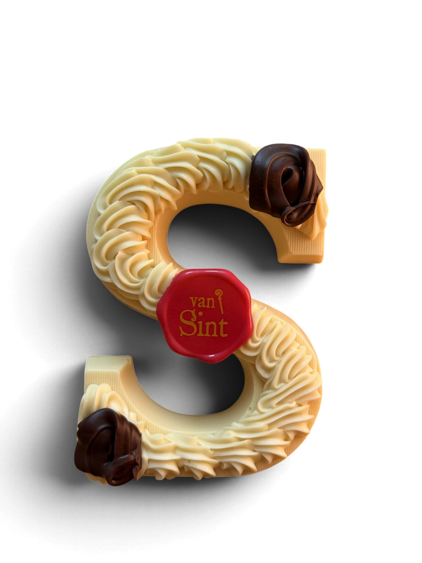Chocoladeletter S, wit, Witte rozetten, pure roosjes & zegel