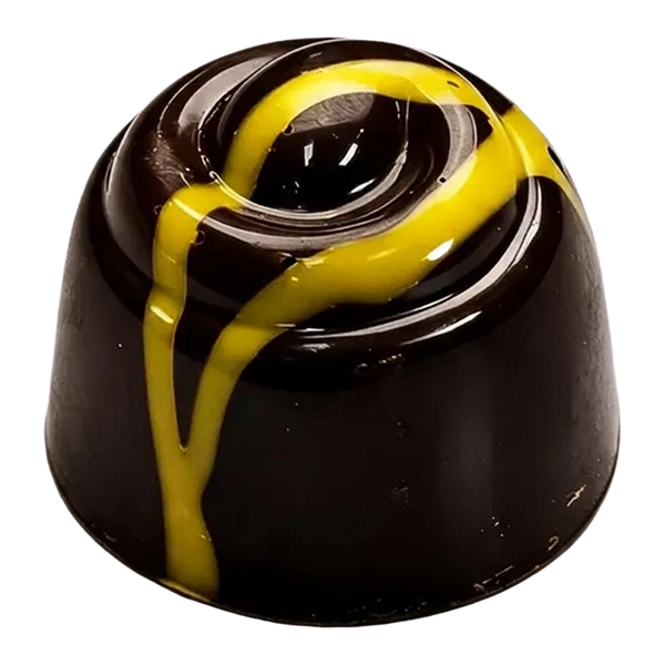 Mango passievrucht: donkere ronde bonbon met gele chocoladestrepen