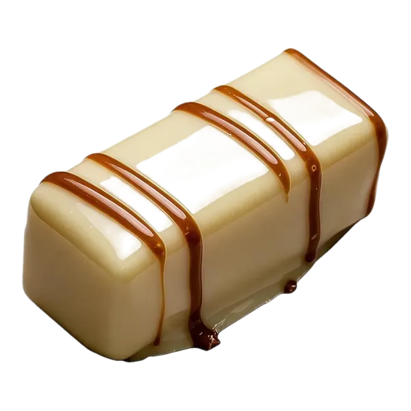 Champagne: rechthoekige witte bonbon met dunne bruine chocoladestrepen