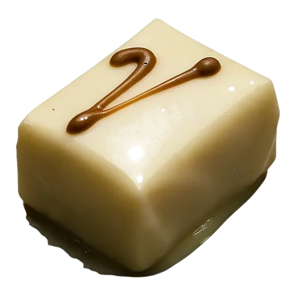 Vanille: vierkante witte bonbon met een sierlijke bruine chocoladestreep