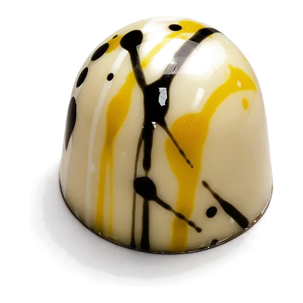 Yoghurt mango: witte ronde bonbon met gele en donkere chocoladestrepen