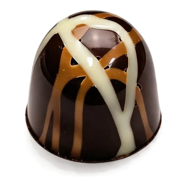 Caramel: donkere ronde bonbon met gekruiste witte chocoladestrepen