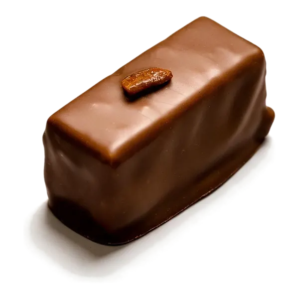 Pistache: rechthoekige melkchocolade bonbon met een nootje bovenop