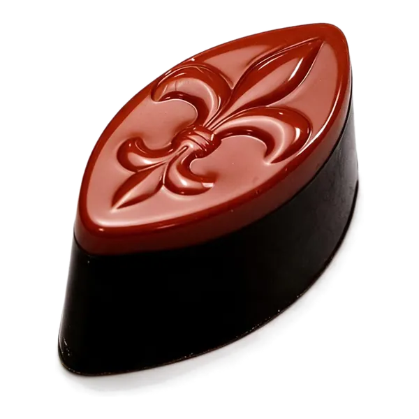Orange Cointreau: ovale bonbon met rood reliëf op donkere chocolade