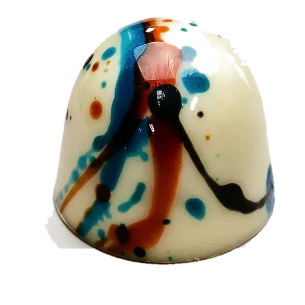 Caramel framboos: witte ronde bonbon met blauwe en rode chocoladestrepen