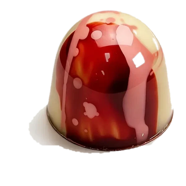 Cheesecake aardbei: witte ronde bonbon met rode chocoladeslierten
