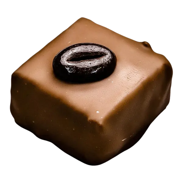 Mokka: vierkante melkchocolade bonbon met een donker ovaal bovenop