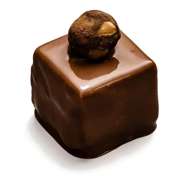 Kaneel: vierkante melkchocolade bonbon met een bolletje bovenop